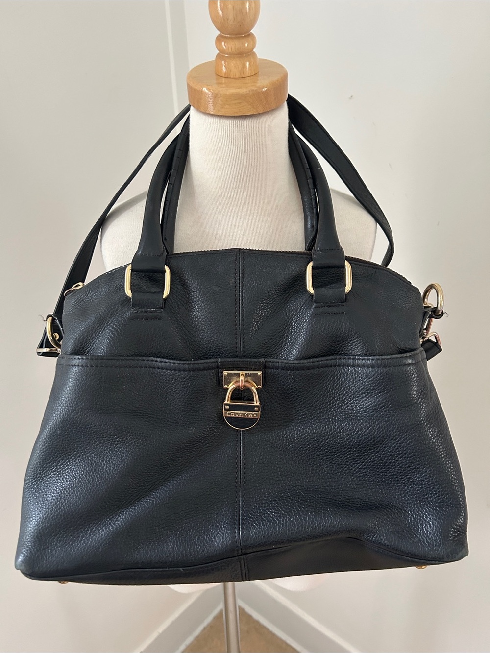 Calvin Klein Black Pebbled Leather Satchel with Gold Hardware